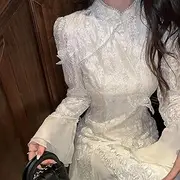 [JIMINISO] Chinese Modern Lace Cheongsam Butterfly Decoration Heavy Industry Style Embroidery White Style Dress Improved Qipao