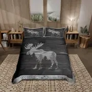 Moose Cabin Duvet Cover Set Wild Animal Jungle Pine Trees Silhouette Bedding ...