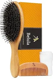 Belula Detangling Boar Bristle Hairbrush Set. Hairbrush for Thick, Long and Curly Hair. Restores Shine and Texture to Your Hair. Wooden Comb, Travel Bag & Spa Headband Included