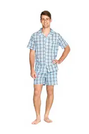 Mens Short Summer Cotton Blend Pyjamas (S-XXL) Pjs Set Blue Checkered