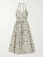 [Proenza Schouler White Label] Proenza Schouler White Label - Rhea Belted Printed Cotton-blend Poplin Halterneck Midi Dress - Cream - US6 US 6 Cream