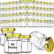 Syntic Elegant Hexagonal with Gold Lids 60 Pcs 1.5 oz (50ML) Mini Glass Jars for Wedding, Party Favors, Baby Shower, Handmade Gift, Plant Jar, Decorative Canning