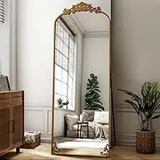 21"x 64" Arched Full Length Mirror, Freestanding Floor Mirror with Carved Metal Frame & Bottom Art Carved, Bronze Full Body Mirror for HomeDecor, Halling Wall Mirror with Vintage Ornate Carved Accents