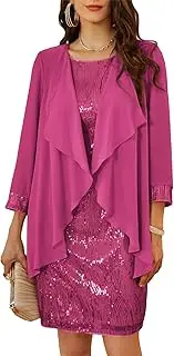 [GRACE KARIN] Women's Sleeveless Round Neck Sequins Cami Dress Elegant Two Piece Tulle Cardigan Evening Dresses for Party, Pink-red, M