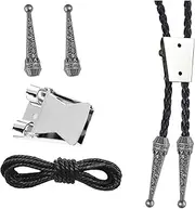 [NIIIYTYB] 4PCS Bolo Tie Kit Leather Rope with Silver Clasp Supplies Braided Cord Chain and Pendants for Men Western Style Buckle Tips Brown Paracord Accessories for Ties and Pendants, Black