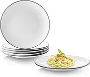 [YOLIFE] 8 inch Salad Plates, Dessert Plates Set of 6, White and Black Trim Porcelain Plates for Appetizer, Dinner Serving, Microwave, Dishwasher Safe