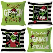 Set of 4 Christmas Decorative Throw Pillow Covers Merry Grinchmas Ho Ho Stripe Christmas Decorative Cushion Case for Home Decor 18 x 18 Inches