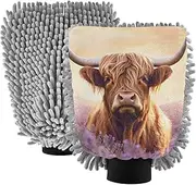 XYMZR Highland Cow Purple Field Absorbent Microfiber Car Wash Mitt, Funny Cute Anime Scratch Free for Cars Cleaning, Home Cleaning Mitts, 2 Pack, 10.24” L x 7.09” W