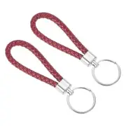 2Pcs Braided Leather Keychain PU Key Ring Woven Ornament Lanyard Strap, Dark Red