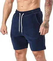 [PHJTOMK] Mens Casual Corduroy Drawstring Elastic Waist Beach Shorts Loose Fit Sweat Shorts with Pockets Corduroy Short, Blue 1, Large
