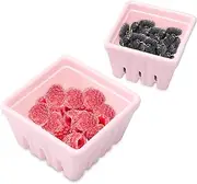 2 PCS Strawberry Storage Container,Keeping Fresh Fruits Bowl with Hole,Classic Square Berry Basket Set,Sturdy Easy to Clean Fruits and Veggies Storage Container (Pink)