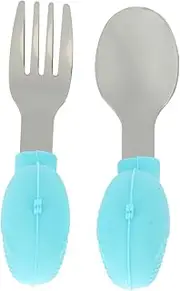 MOBUTOFU 2pcs Baby Learning Utensils Set Toddler Fork Spoon Safe Child Cutlery Non-Slip Silicone Handle for Baby Dinning