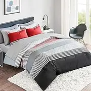 Comfort Spaces Comforter Sets with Sheets - Bed in a Bag 9 Pieces Teen Bedding Sets, Red and Grey Stripes Bedding Full, College Full Bed Set with 2 Side Pockets Bedroom Organizer