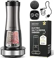MOVNO 2 in 1 Rechargeable Electric Salt and Pepper Grinder Set with Charging Base, No Need Battery Automatic Salt and Pepper Grinder, One-Handed Operation, Adjustable Ceramic Grinder with LED Light