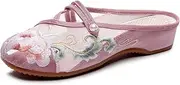 GHAKKE Women's Breathable Mesh Floral Embroidery Mule Shoes Ethnic Style Retro Old Beijing Flat Shoes Round Toe Comfort Chinese Traditional Ancient Style Slippers(Pink,4)
