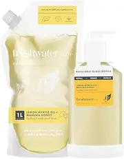 Freshwater Farm Australia Soothing Castile Hand Wash Refill Pack– Liquid Hand Soap, Bathroom Hand Soap with Pump Bottle - Lemon Myrtle Oil + Manuka Honey - 1ltr & Refillable Glass Bottle 500ml