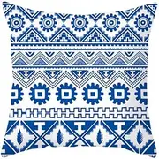 [EHOMERY] Pillow Cover Japandi Cushion Cover Zippered Bohemian Ethnic Style Polyester Throw Pillow Covers Pillow Cover Zipper Standard Cushion Cover Bag Living Room Sofa Decoration Blue 50x50 cm
