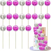 Ephlyn 24Pcs Christmas Disco Ball Cupcake Toppers Disco Ball Cupcake Picks Mini Disco Ball Cake Toppers Decorations for Disco Theme Party 70s Disco Party Decorations Rose Red Silver