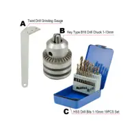 B16 Key Type Drill Chuck w. HSS Drill Bits 1-10mm &Twist Drill Grinding Gauge
