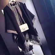 [AOOF] Women's Shawl Cardigan Cloak Cloak Cardigan Street Style Double-Sided Plus Cotton Velvet Shawl Warm Scarf Herringbone-Black