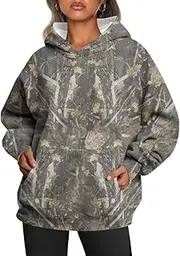 [MIFJNF] Womens Camo Hoodie Graphic Maple Leaf Print Camo Sweatshirt Oversized Crewneck Pullover Tops with Pockets