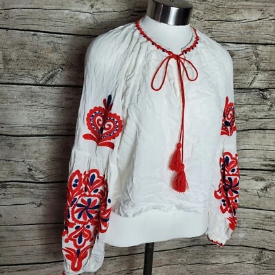 Forever 21 White Peasant Boho Top Shirt Blouse Floral Embroidered Puff Sleeve S