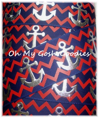 25 YARD ROLL - 1.5 SILVER CHEVRON ANCHORS NAUTICAL PATRIOTIC GROSGRAIN RIBBON