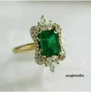 1.55CT Emerald Cut Real Emerald 14K Yellow Gold FN Engagement Halo Jewelry Ring
