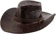 [uxcell] Unisex Faux Leather Leaf Pattern Adjustable Neck Strap Wide Brim Western Style Sunhat Cowboy Hat