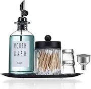 Glass Refillable Bottle Mouthwash Dispenser for Bathroom with Cups,Glass Mouthwash Dispenser with S/S Tray Funnel,11.8oz Style Mouthwash Container Bottle with Qtip Holder (Black)