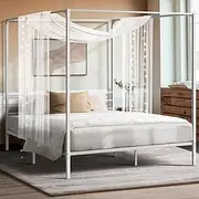 Oikiture Bed Frame Double Size Canopy Metal Bed Base White