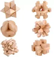 Set 6 Wooden Puzzles IQ Logic Brain Teaser 8cm Christmas Challenge Game Jigsaws