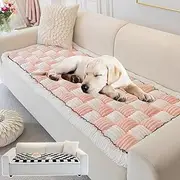 Cream-Coloured Large Plaid Square Fuzzy Pet Mat Bed Couch Cover,Fluffy Plaid Couch Cover for Pets,Cream Square Plaid Cozy Dog Mat Furniture Protector Cover (Pink,70x210 cm/27.6x82.7 in)