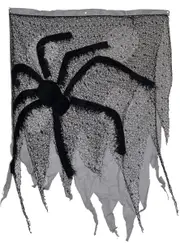 Tattered Door Cover with Giant Black Fake Spider Halloween Decoration