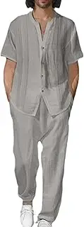 [HanzhuoLG] Men's Casual Two Piece Set Summer Henley Neck Short Sleeve Cardigan Shirt & Pants 2 Pcs Set Large Grey