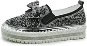 [Gikleihwy] Rhinestone Bowknot Loafers for Women's Casual Slip On Platform Mule Shoes Ladies Glitter Bling Flat Penny Shoes(Black,10 US)