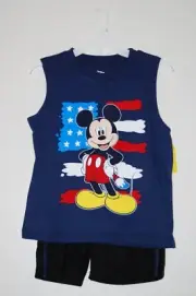 NWT Disney Junior Boys Navy Blue Mickey Mouse Patriotic Slvls 2pc Short Set sz 7