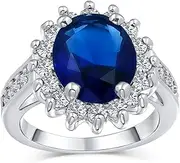 [Bling Jewelry] Personalize Vintage Art Deco Style Cocktail Ring With Large Oval Solitaire AAA CZ Baguette Halo Simulated Sapphire Blue Green Customizable