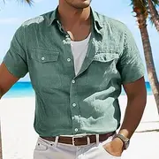 Men's Shirt Linen Shirt Summer Shirt Beach Shirt Solid Color Vacation Curise Green Light Grey Light Blue Short Sleeve Fold-over Collar Spring Summer Clothing