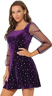 [Allegra K] Women's Halloween Mesh Sheer Sleeve Sparkly Party Glitter Star Metallic Velvet Dress
