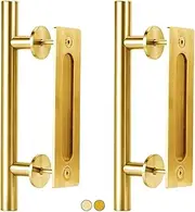 Rio Salto 12-Inch Brushed Brass Vintage Gold Barn Door Handle Kit Closet Door Handles Stainless Steel Pull Handle Flush Handle Set Large Sliding Door Handles 2-Door (Gold - 2Pack)