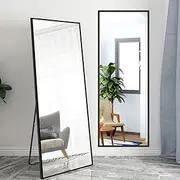 Full Length Mirror for Wall, Wall Mirror Full Body Iron Thin Frame with Stand, Shatter-Proof Glass, Home Decor, Modern, Bathroom Bedroom Cloakroom, Easy Assembly-Black (180cm)