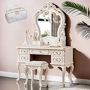 Vanity Desk with Mirror,LED Lights with Adjustable Brightness European Vintage Dressing Table with Stool & Makeup Bag Gift for Girl(B)