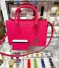 Michael Kors Sheila Medium MK Logo Satchel Bag+Card Case Wallet Set Dragonfruit
