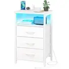 LED Nightstand with Charging Station and 3 Drawers Compact Bedside Table