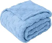 LINENOVA Blue Suede Plaid Sherpa Throw Blanket Single Size - 300GSM Coral Fleece Single Blanket, Soft & Lightweight for All Seasons, Jacquard Decorative Blanket for Couch or Bed (152x203cm)