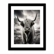 Highland Cow Black & white Framed Art Print