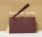 Michael Kors Jet Set Travel LG Double Zip Wallet Graphic Logo MK Oxblood Multi
