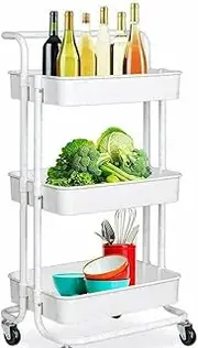 Viviendo 3 Tier Storage Rolling Cart, Kitchen Trolley Moving Island with Wheels,Spice Rack Organizer with Handle,Pantry Organizer Shelf Storage Rack,Bathroom Laundry Utility Cart with Handles - White