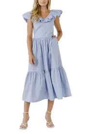 English Factory Ruffle Midi Dress in Powder Blue at Nordstrom, Size X-Small